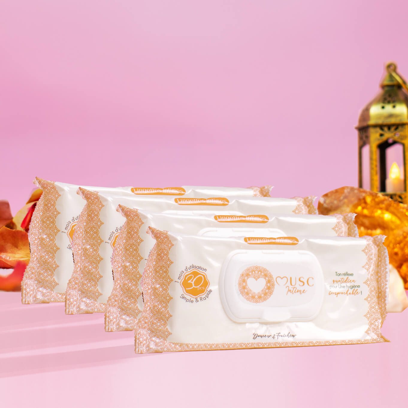 4 Packs of Intimate Wipes with Amber Flower Image